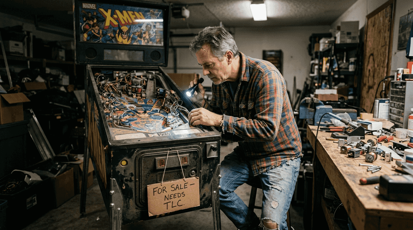 Buyer inspects used X-Men pinball machine