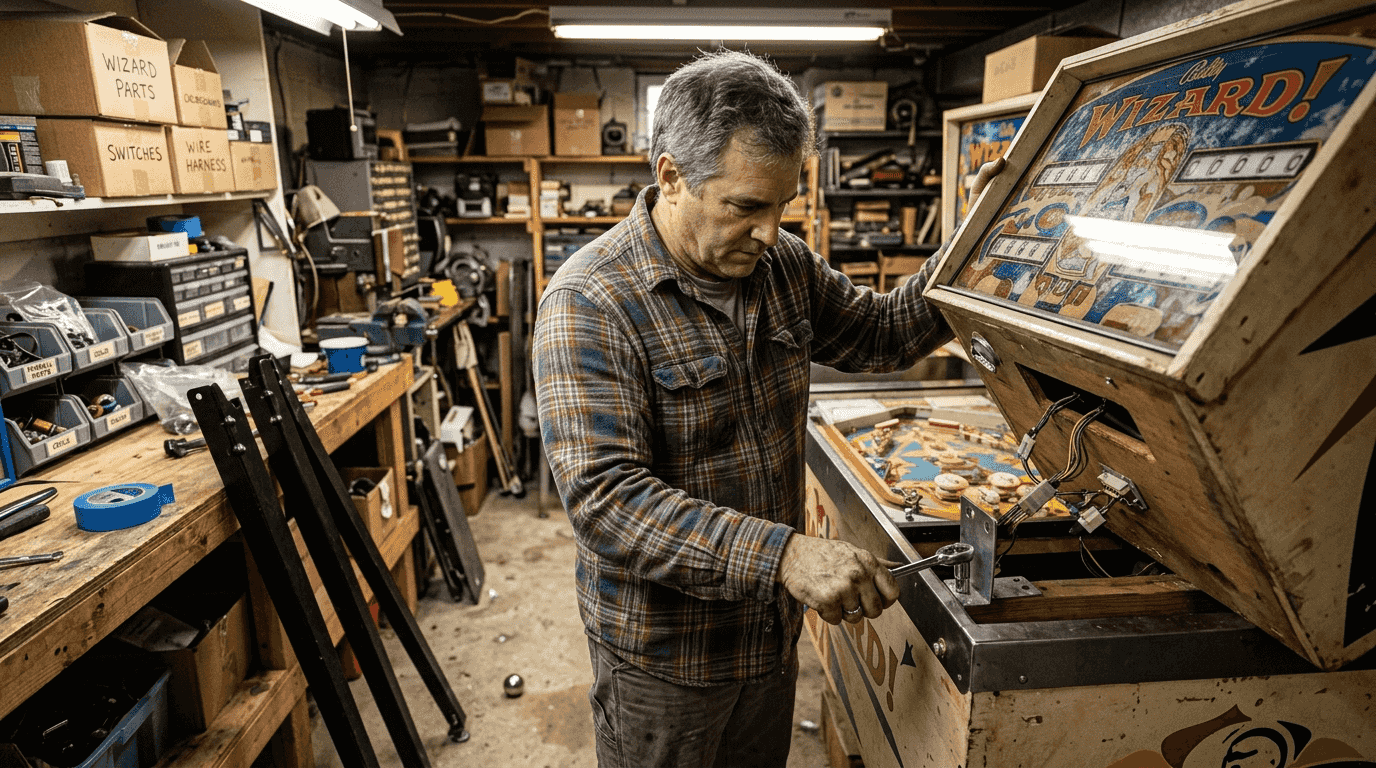 Man prepping pinball machine for delivery