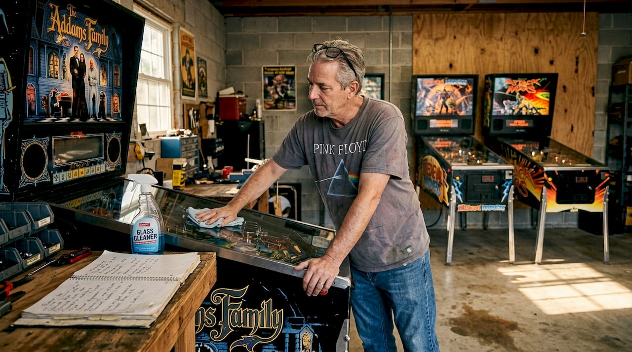 Collector caring for vintage pinball machines