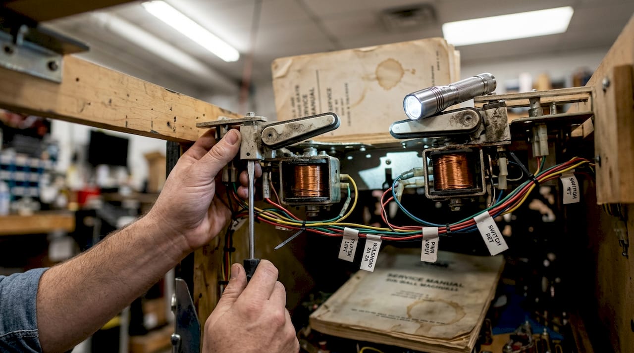 Technician adjusts flipper solenoids under playfield