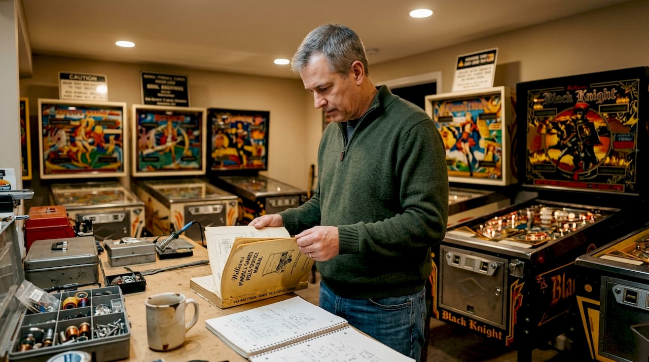 Collector with vintage pinball machine workspace