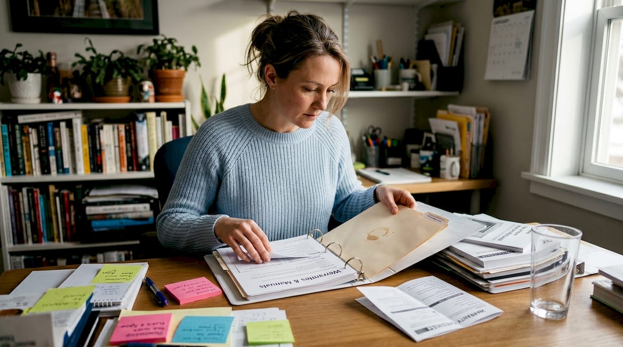 Woman filing pinball warranty documents