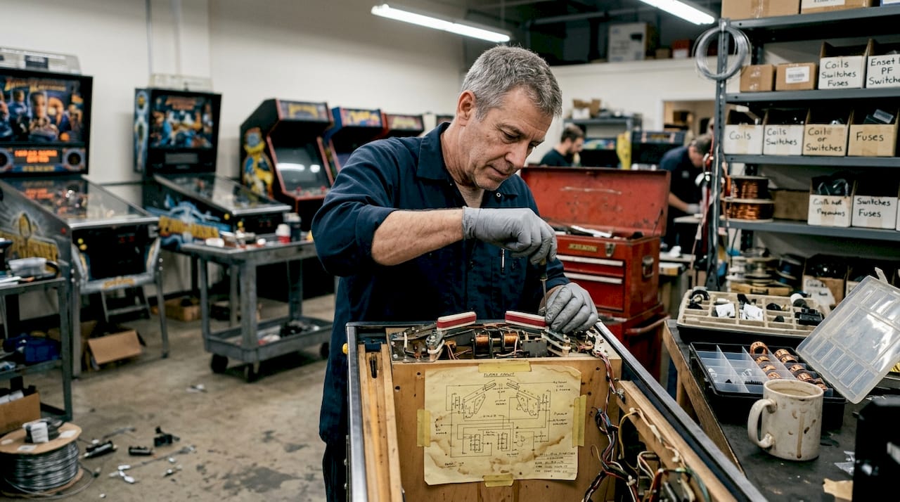 Technician adjusting flipper in pinball machine