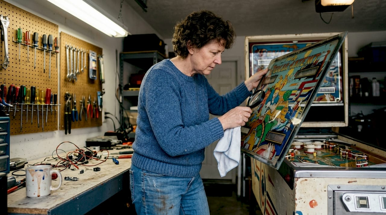 Woman checks pinball backglass condition