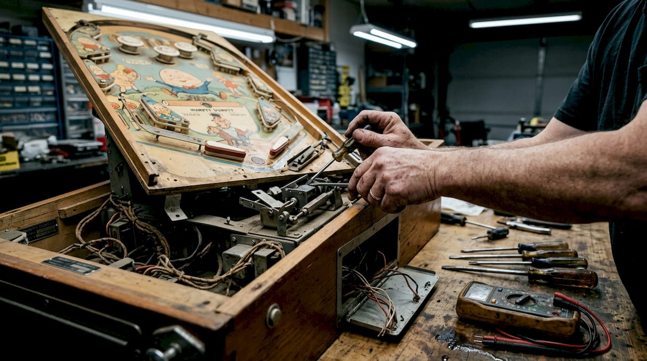 Hands repairing Humpty Dumpty pinball flippers