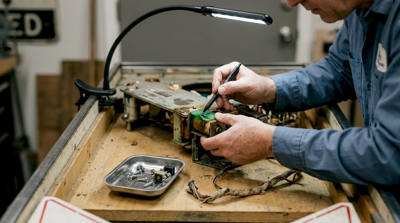 Hands inspecting pinball coil for damage