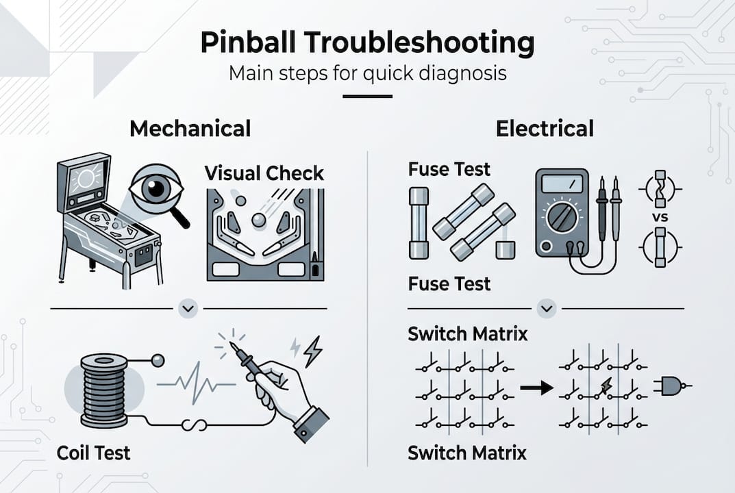 Infographic showing pinball troubleshooting steps overview