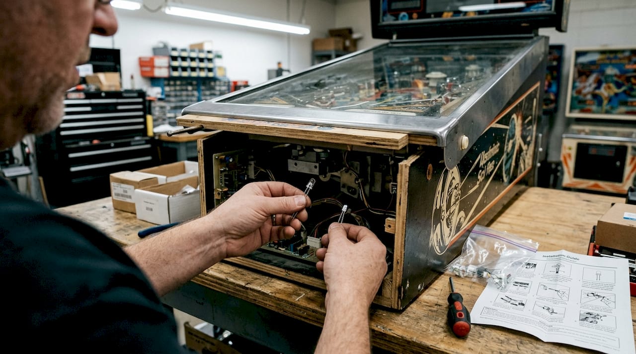 Hands install new lighting in pinball machine
