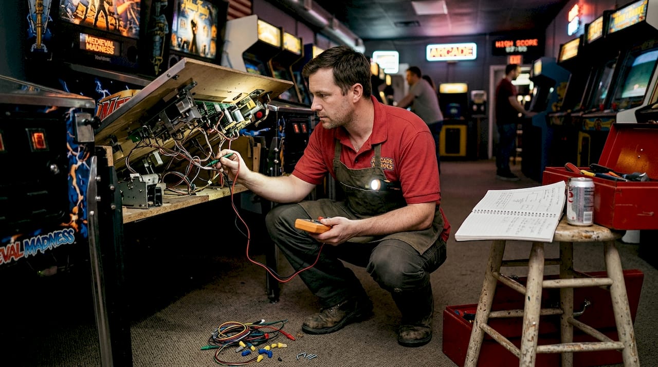 Technician checks wiring inside arcade pinball