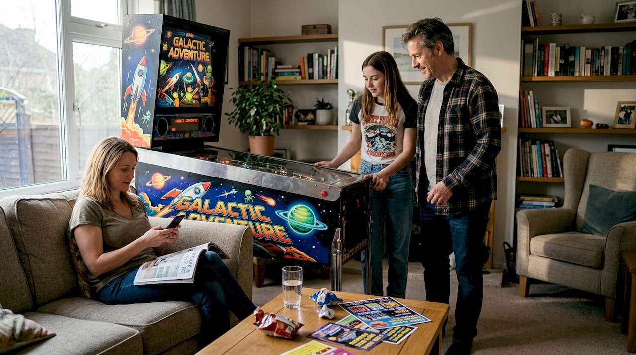 Family playing themed pinball machine at home