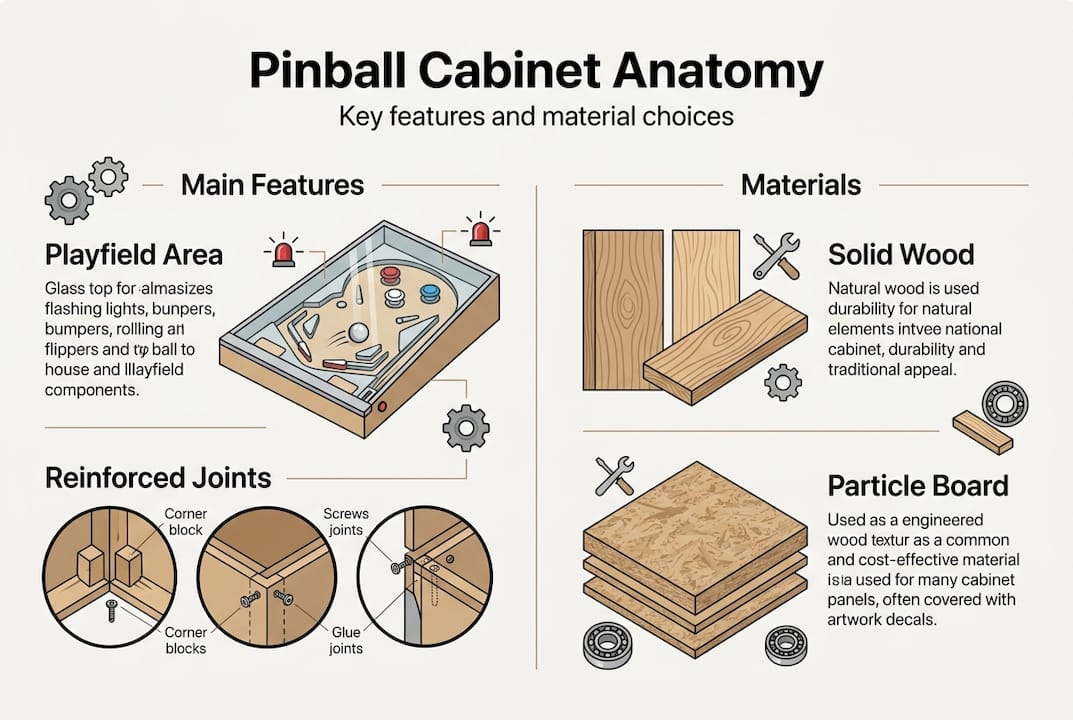 Infographic with pinball cabinet anatomy and materials