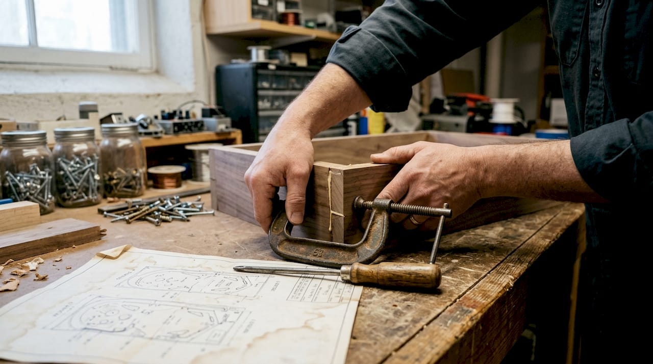 Hands assembling pinball cabinet corner joint