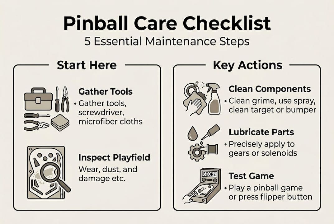 Infographic showing five pinball maintenance steps