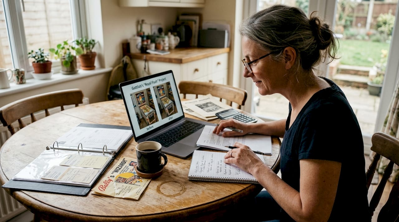 Collector organizing pinball documentation for sale