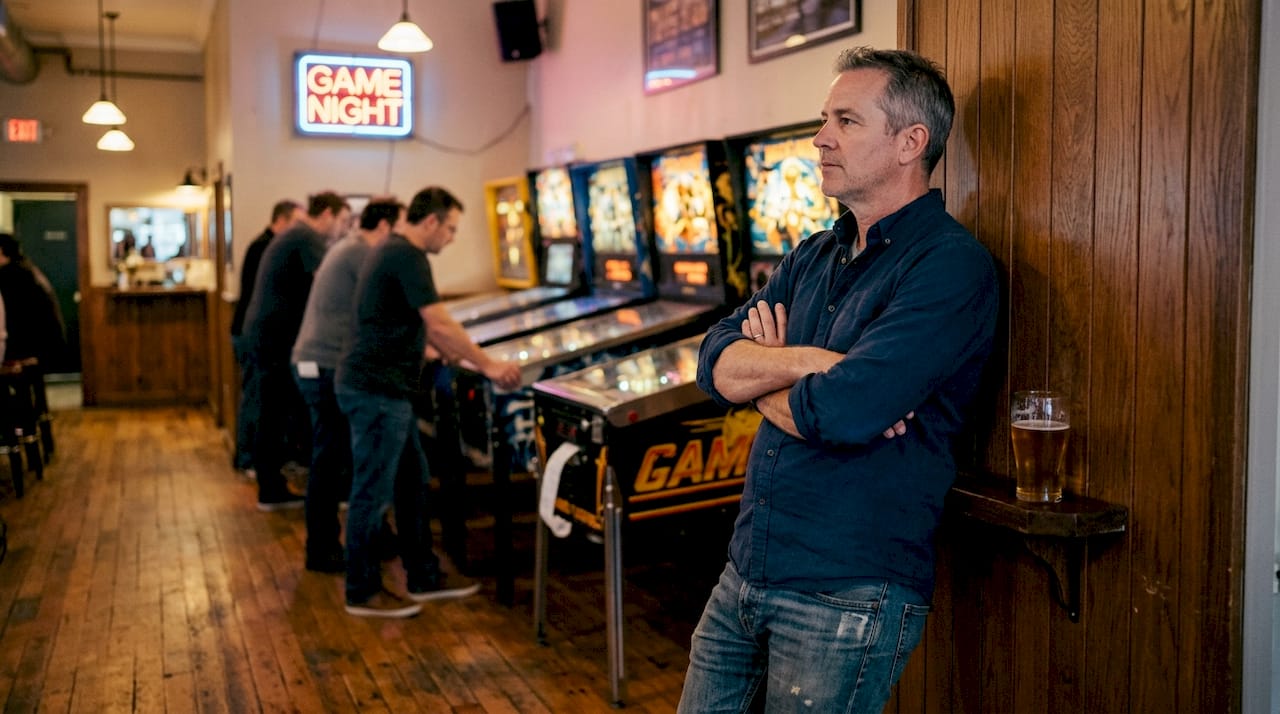 Bar owner observing pinball player activity
