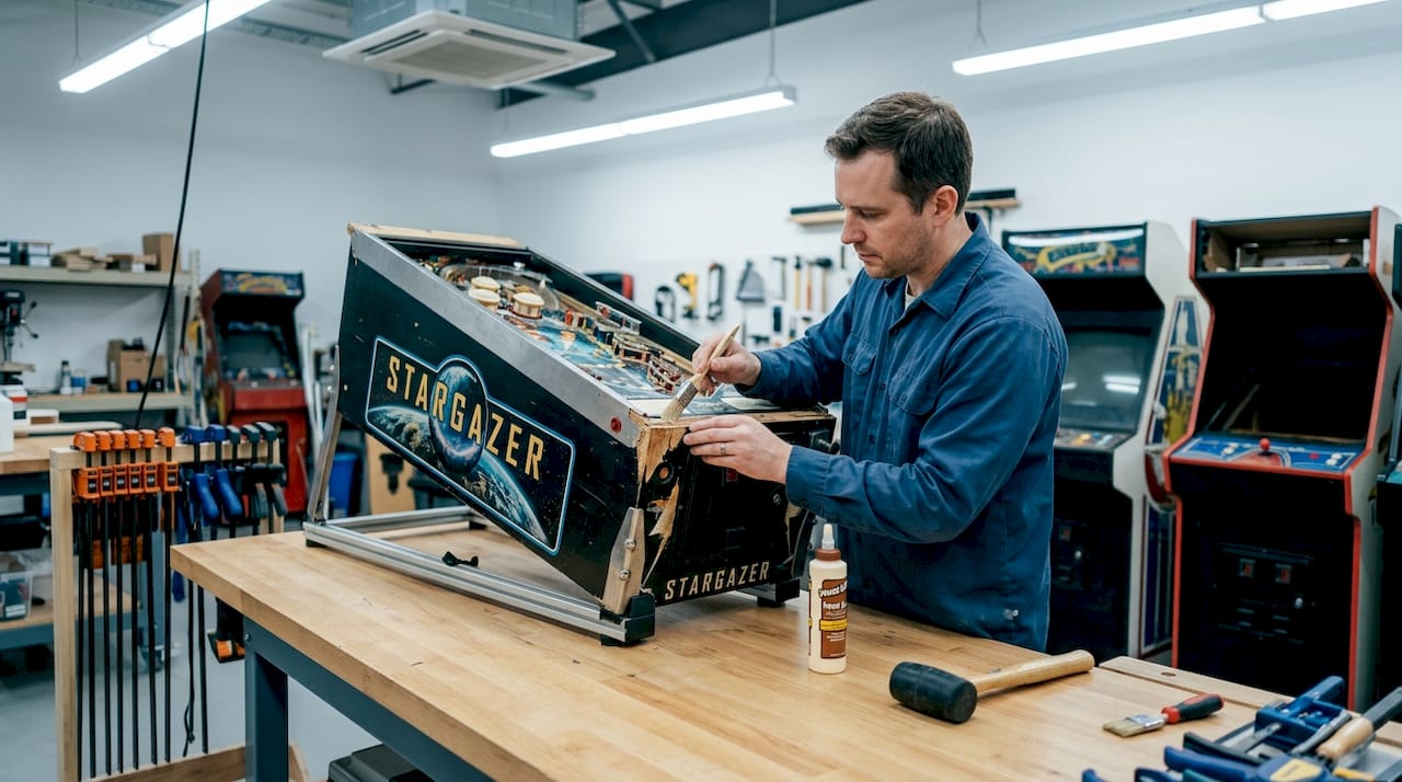Technician repairing pinball cabinet structure