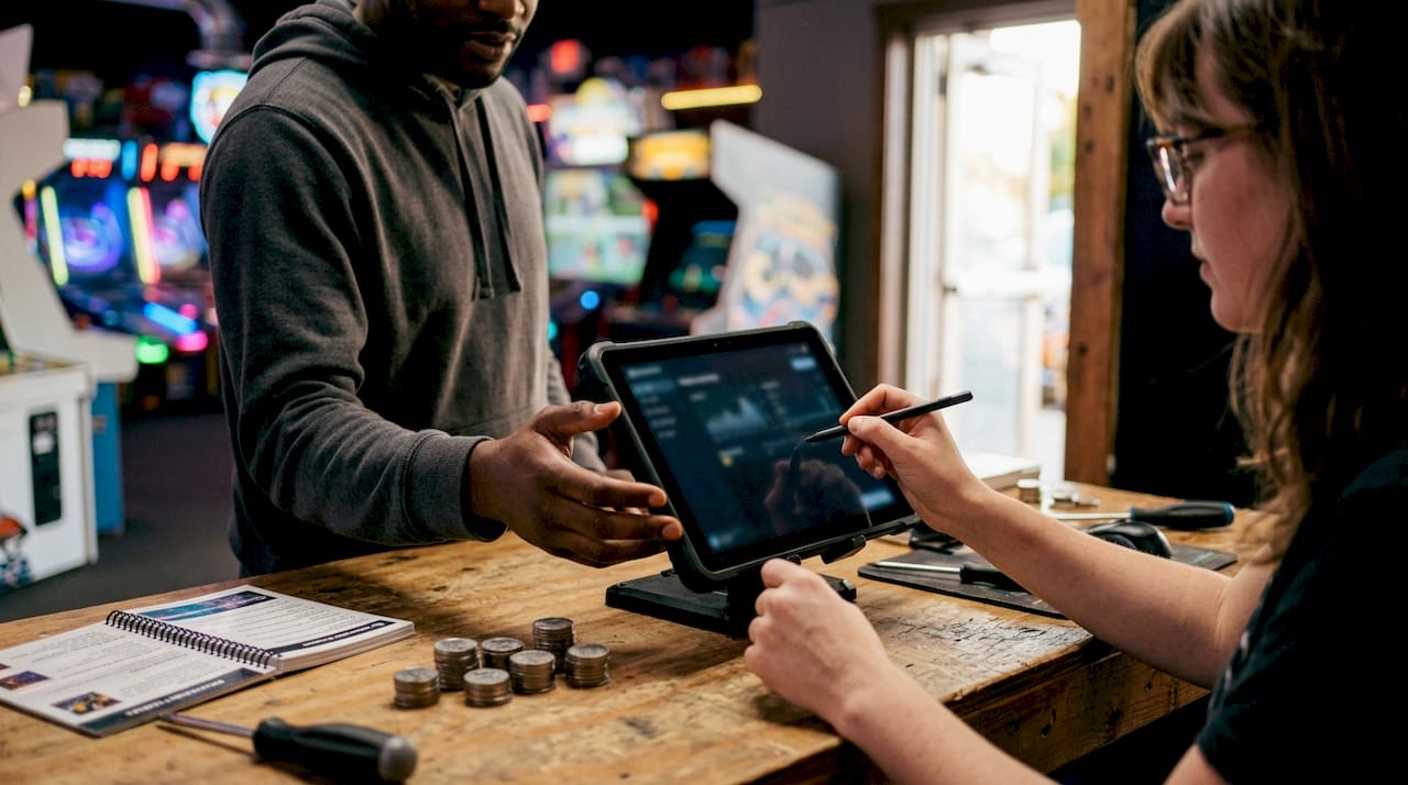 Hands setting up arcade payment dashboard