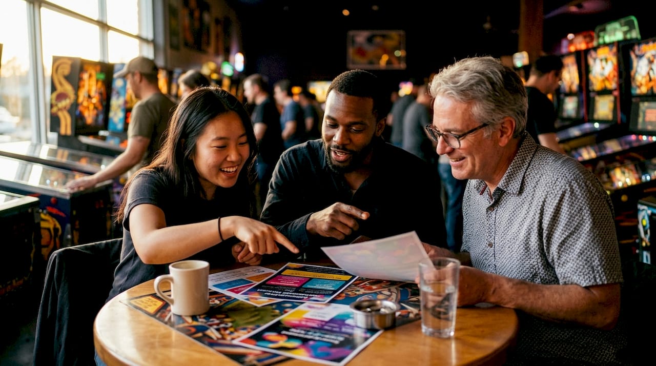 Group discussing pinball club membership costs