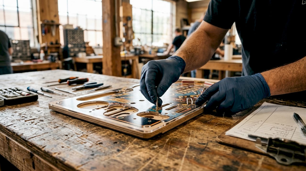 Hands placing metal inserts on repro playfield