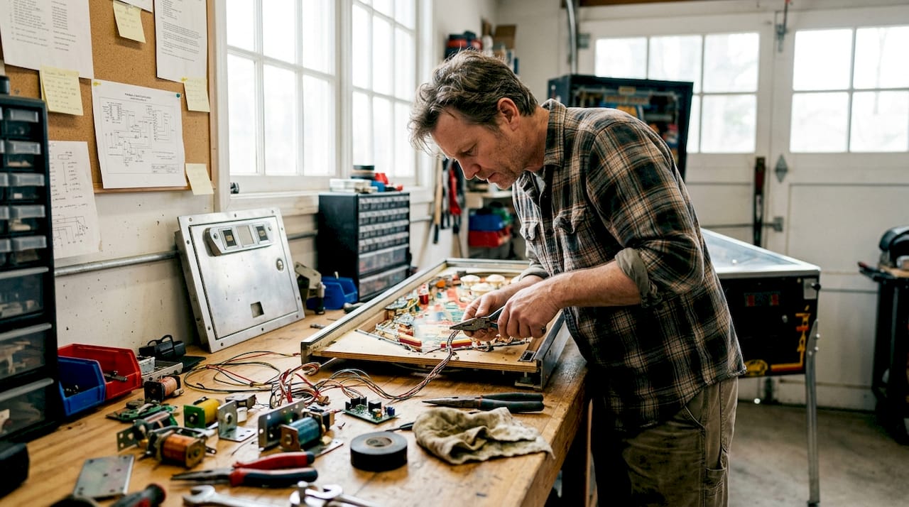 Close-up hands restoring pinball machine parts