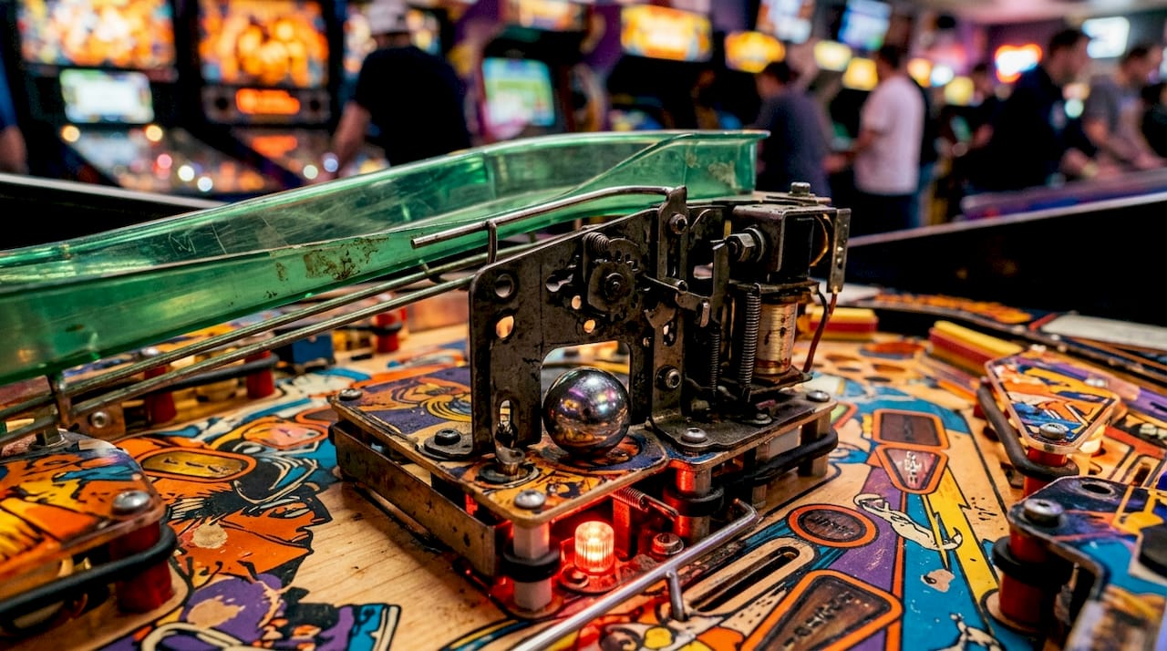 Close-up of pinball machine physical lock mechanism