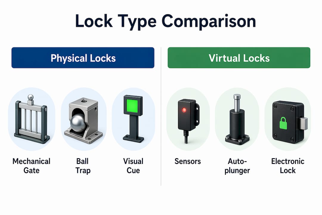Infographic comparing physical and virtual pinball ball locks