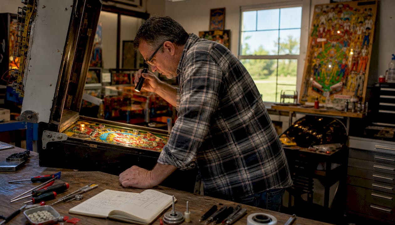 Hands inspecting pinball machine playfield with flashlight