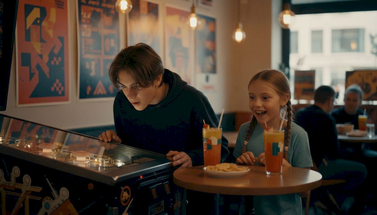 Teen siblings playing pinball machine