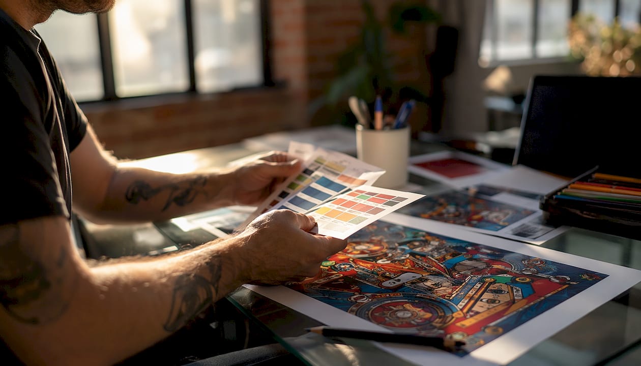 Designer reviewing pinball art samples