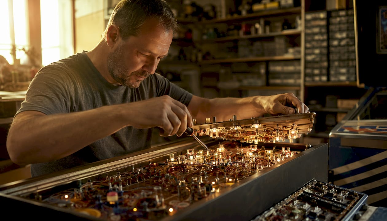 Man installing LED bulbs in pinball playfield indoors
