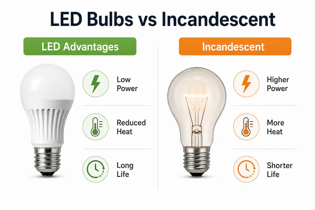 Infographic comparing LED and incandescent bulb features