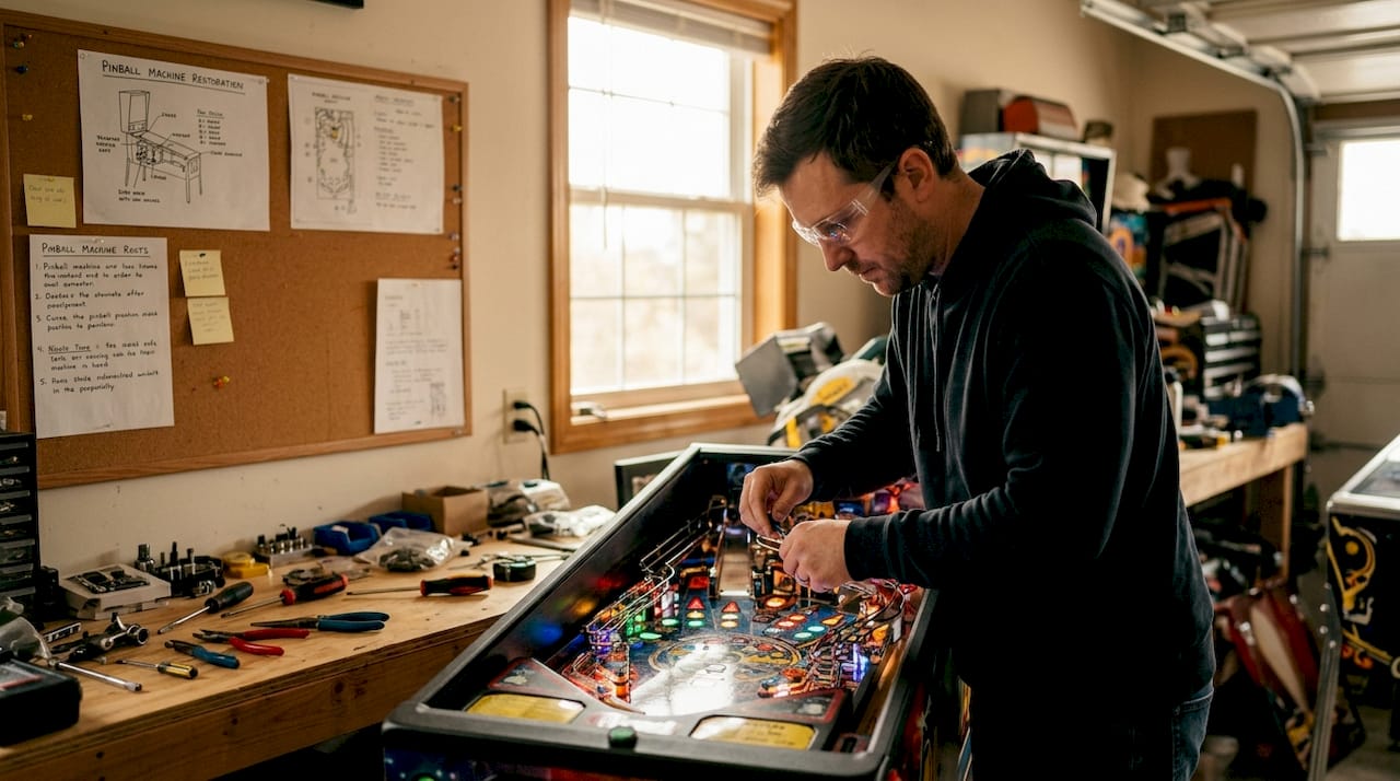 Close-up of hands working on Premium pinball machine components