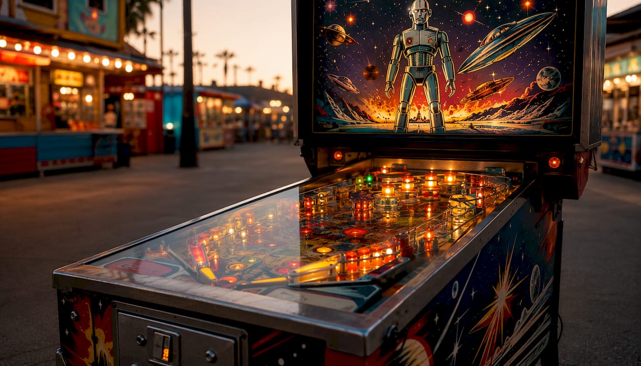 Close-up of pinball machine colorful playfield