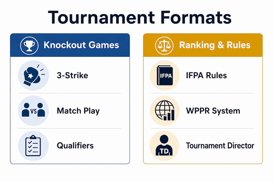 Infographic comparing pinball tournament formats and rules