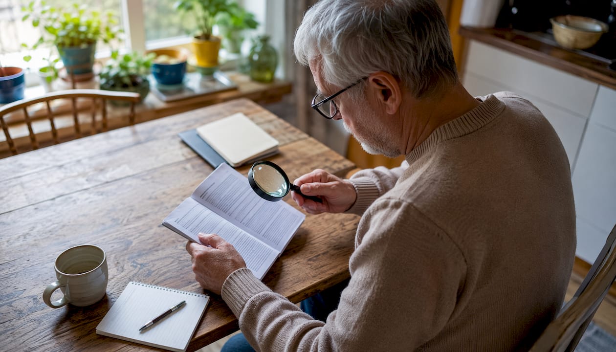Senior man examining warranty booklet carefully