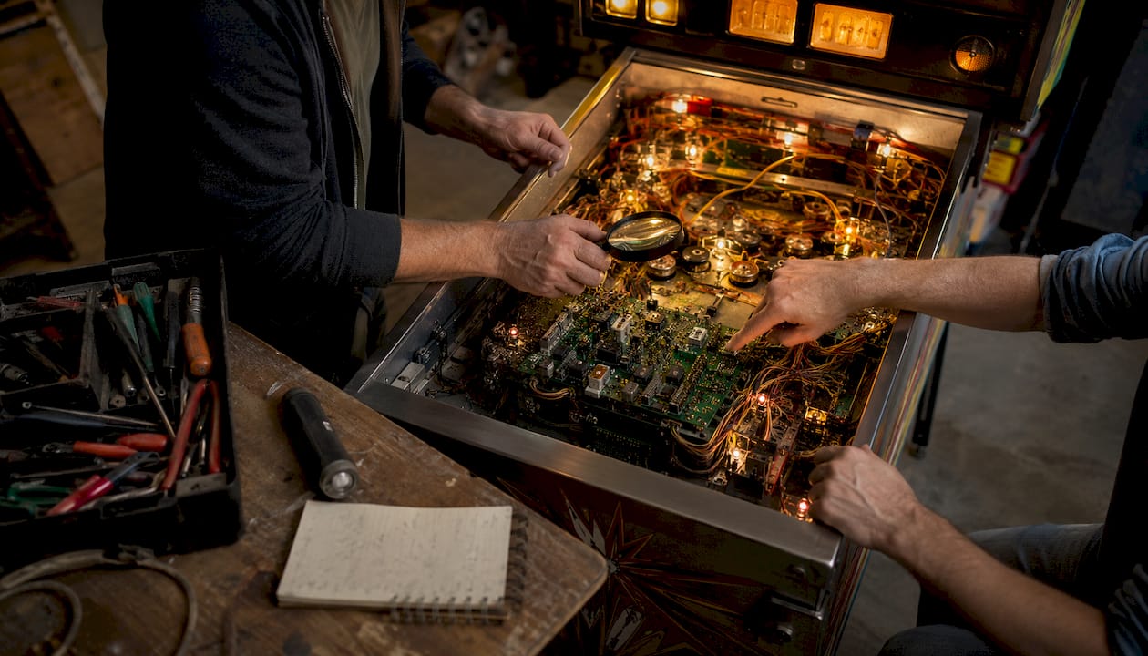 Hands inspecting pinball machine components