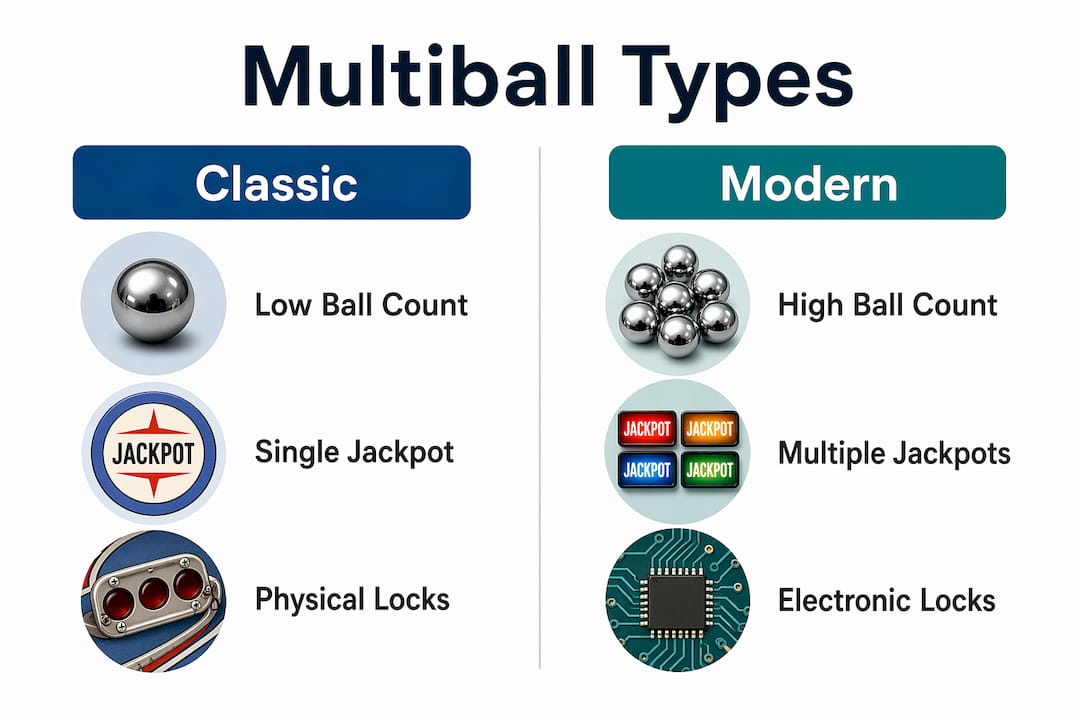 Infographic comparing classic vs modern multiball types