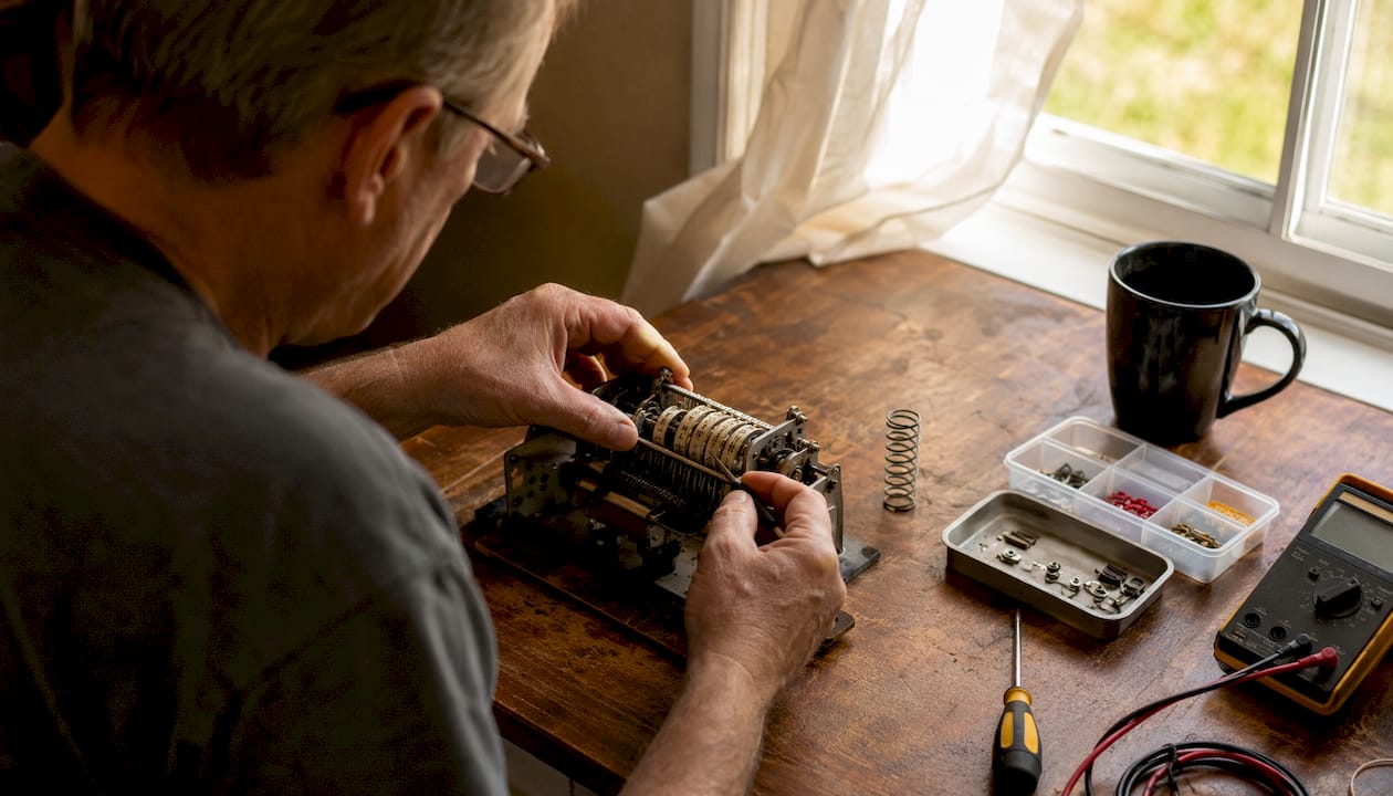 Hands repairing EM pinball score reel assembly