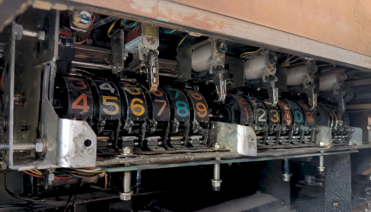Close-up of pinball score reels and scoring logic