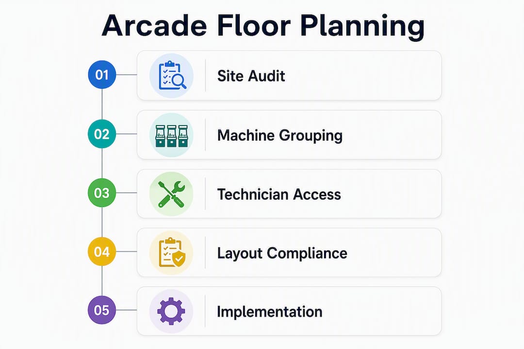 Infographic showing arcade floor planning workflow steps