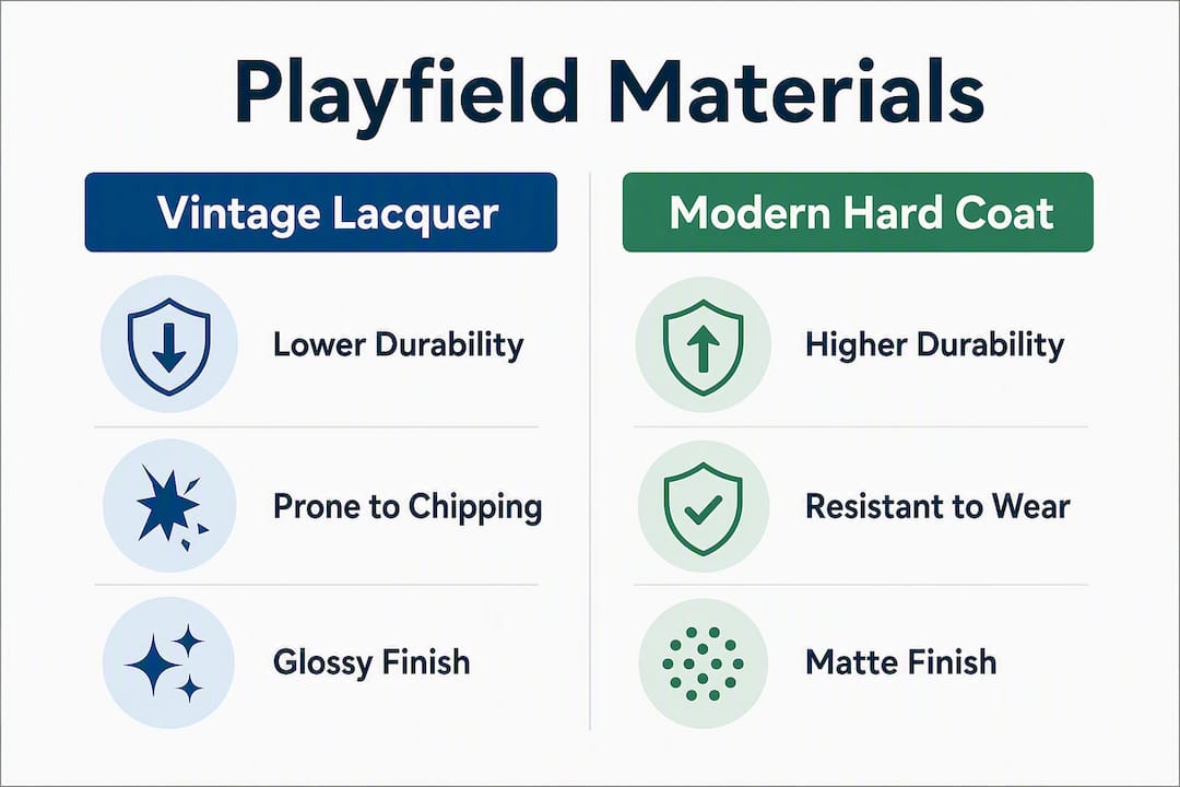 Infographic comparing vintage lacquer vs modern hard coat playfield materials