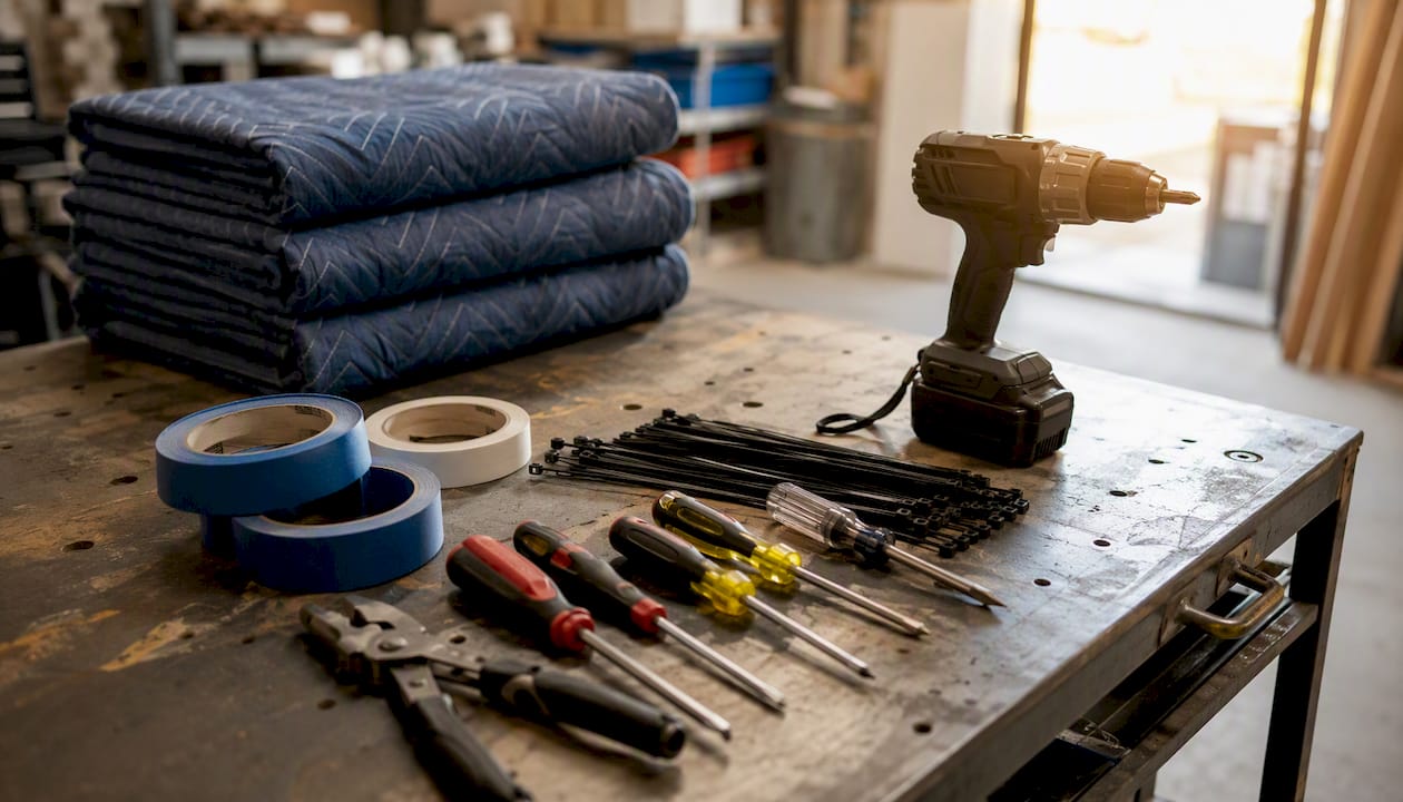 Packing tools and materials laid out on table