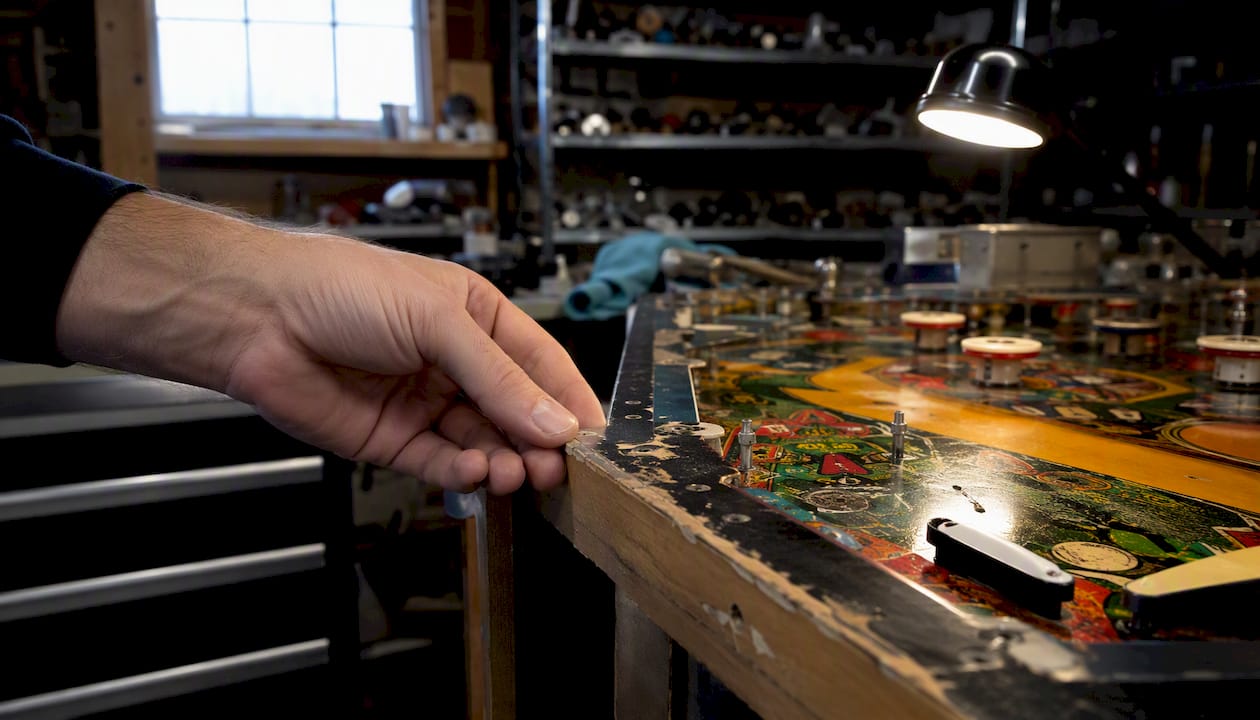 Hand inspecting pinball playfield wear