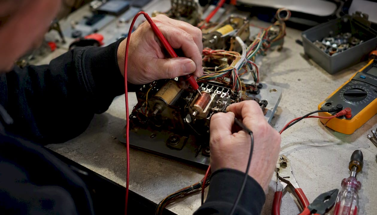 Hands testing pinball machine coil in workshop