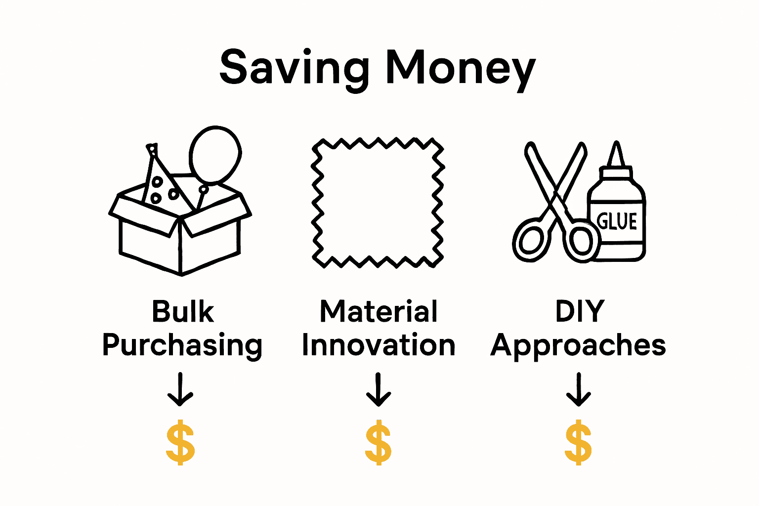 Infographic comparing bulk buying, materials, and DIY for affordable party supplies