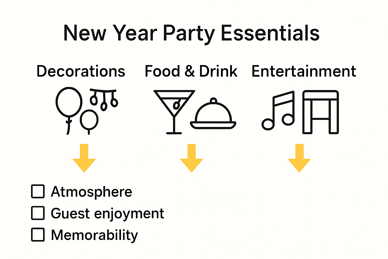 Infographic comparing decorations, food, and entertainment essentials for a New Year's party.