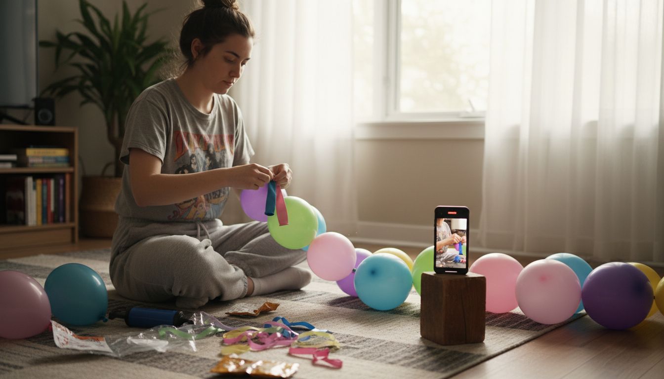 Woman assembling DIY balloon garland at home