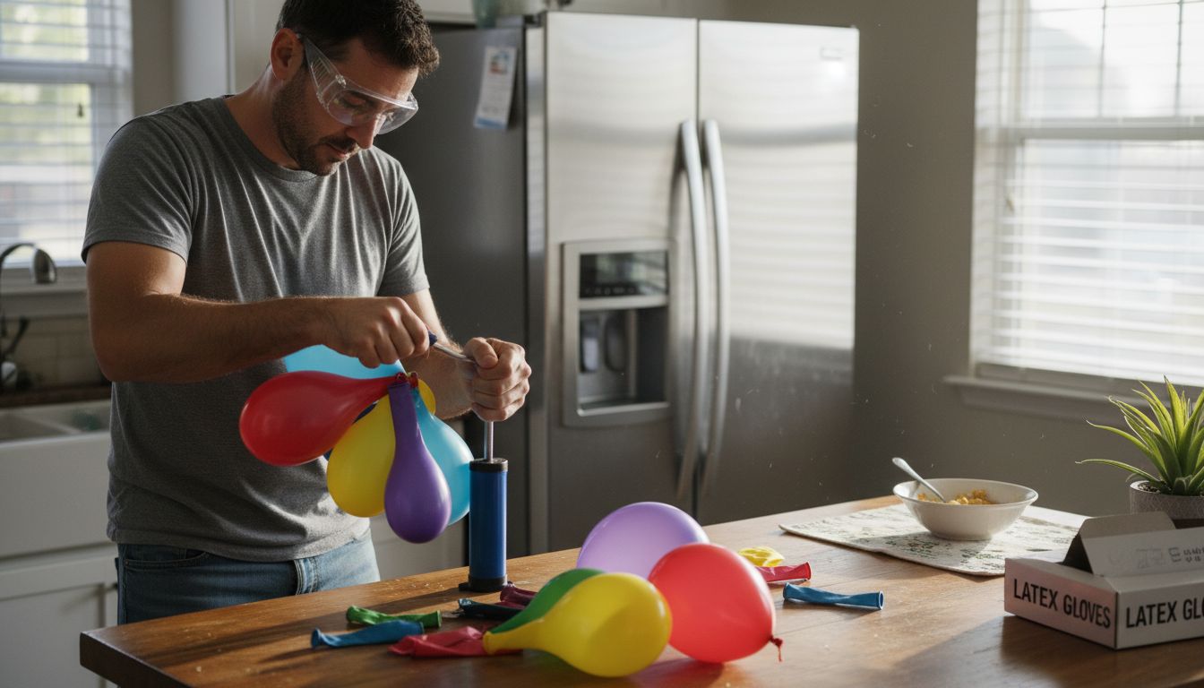Man safely inflating balloons in kitchen