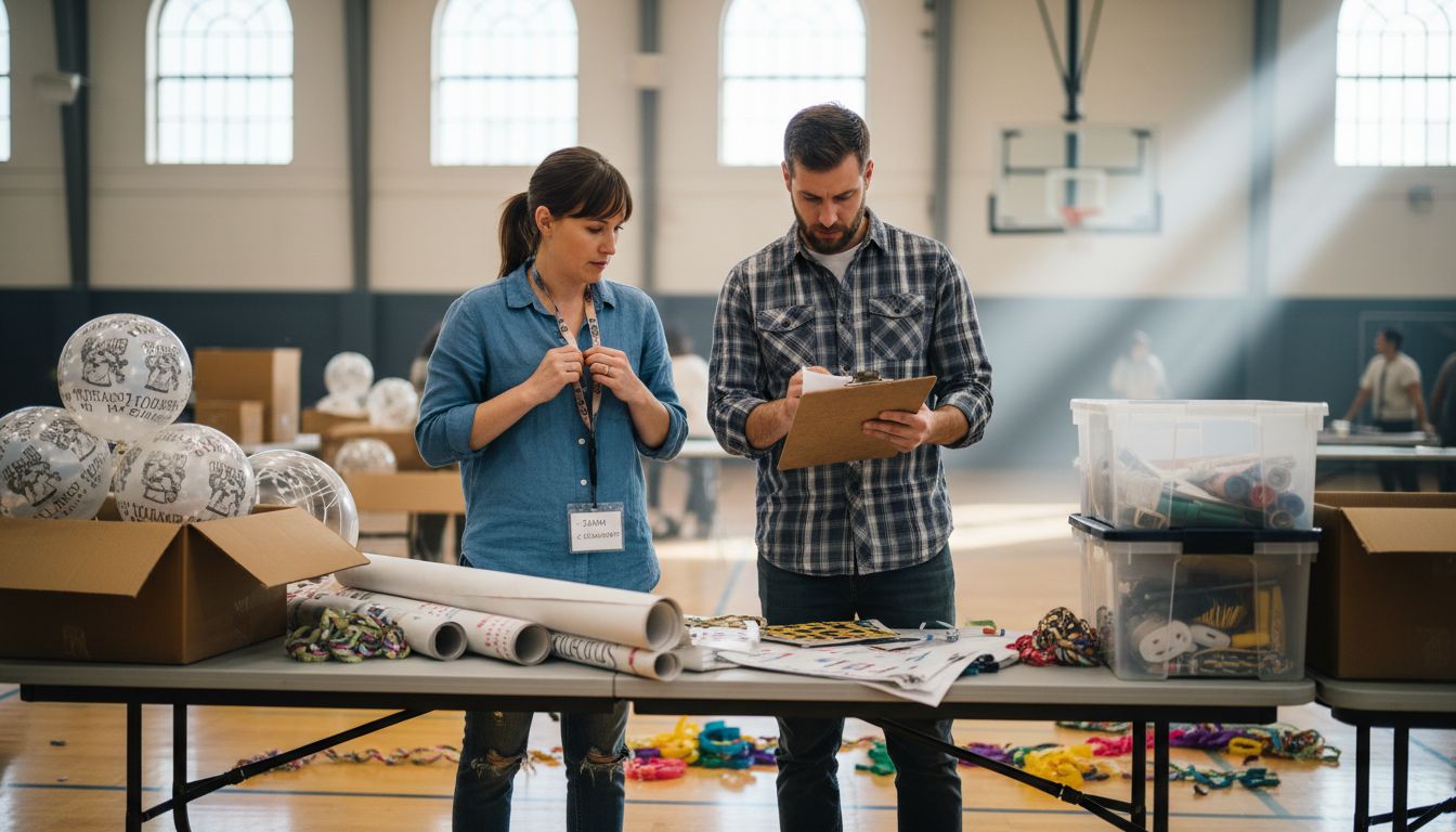 Planners preparing custom decorations in gym
