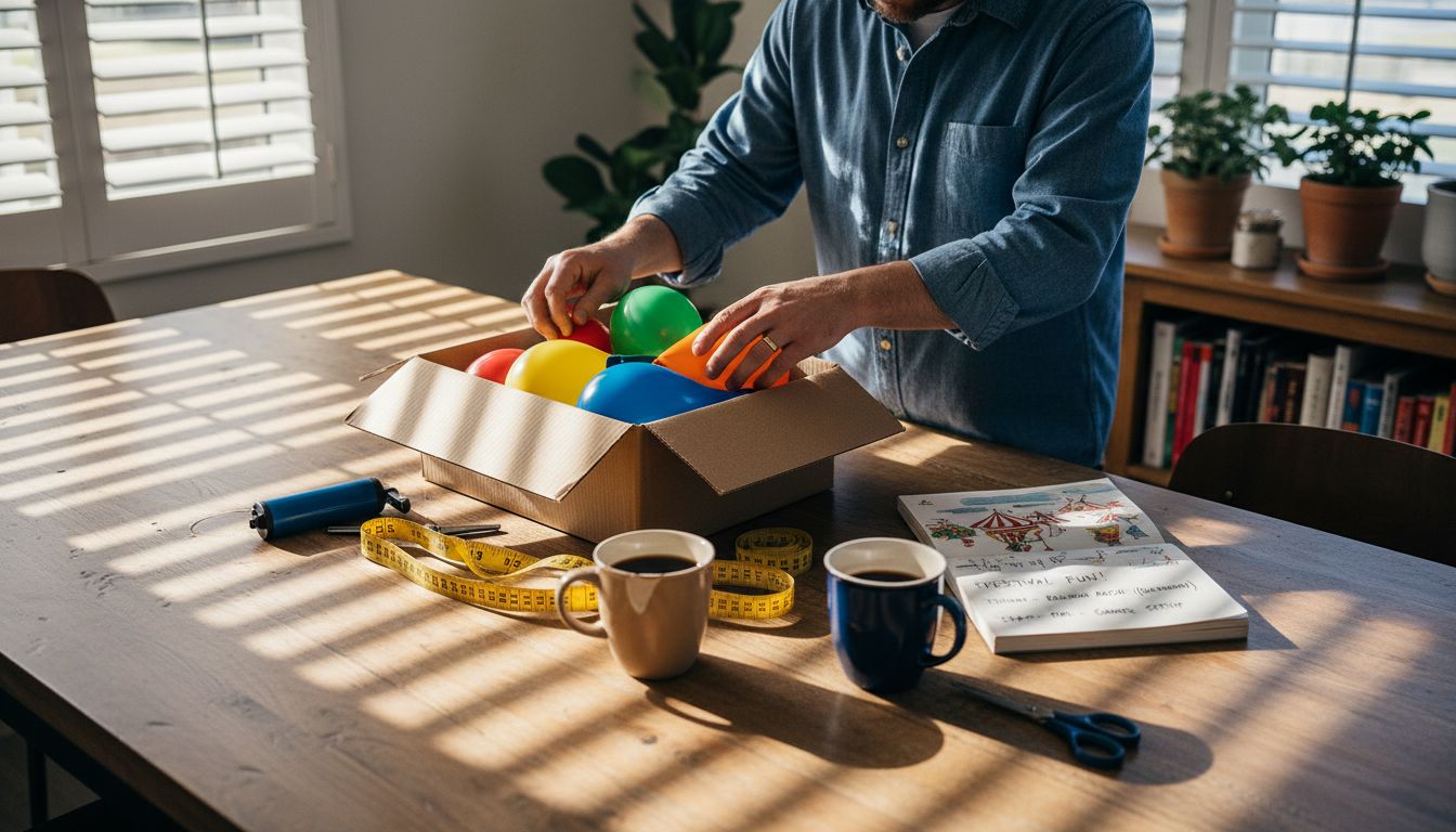 Man preparing balloon tools at dining table